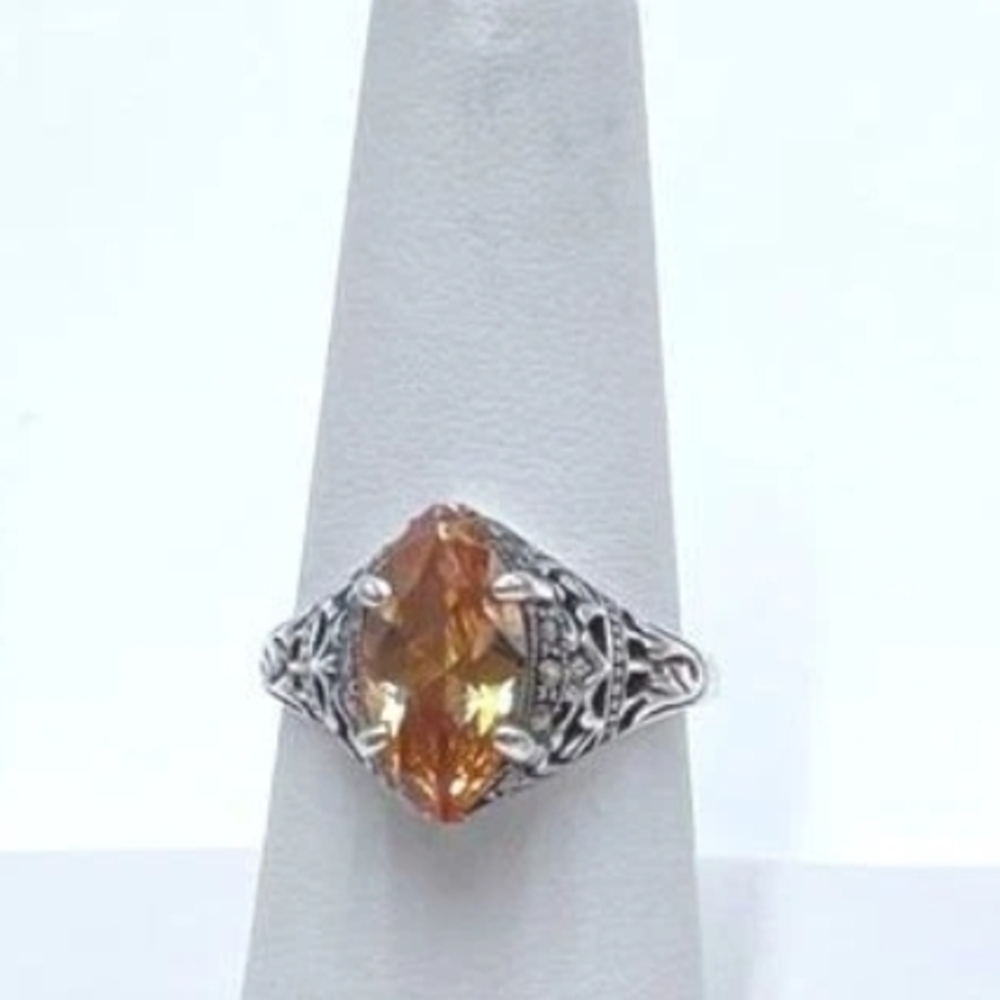 SALE! Intricate 925 Sterling Silver Marcasite & Citine Stone Ring - Picture 1 of 11